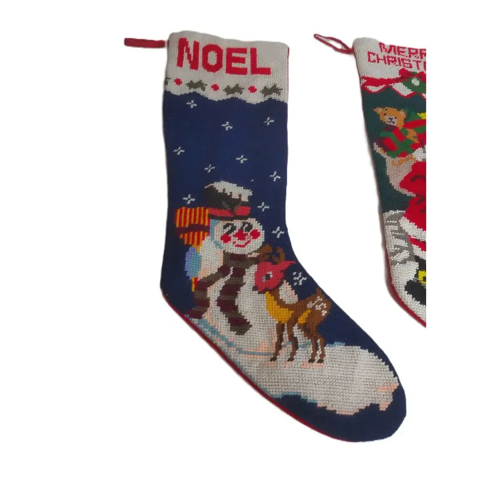 Vintage Needlepoint Christmas Stockings Santa & Snowman Set